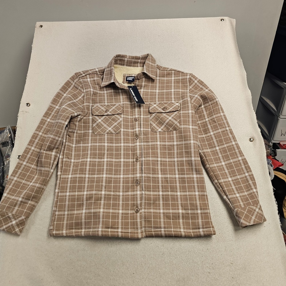 Lands' End Mens Fleece Lined Plaid Shirt Jacket Taupe LW35LK617 Medium NEW